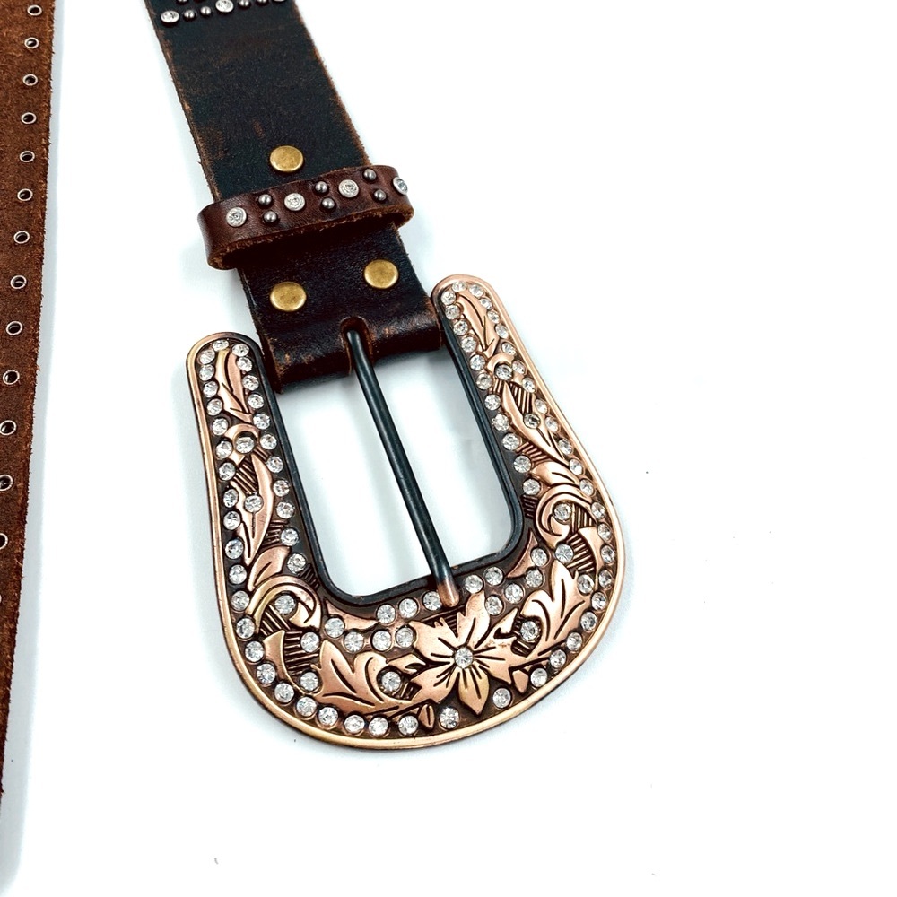 Nocona Leather Rhinestone Bead Belt Brown M EUC